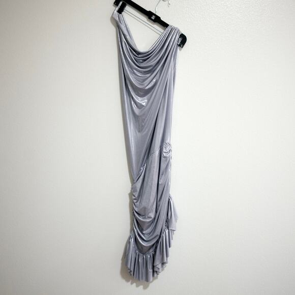 Norma Kamali One Shoulder Lame Mini Dress Silver Metallic Ruffle Drape SZ M - Picture 4 of 9